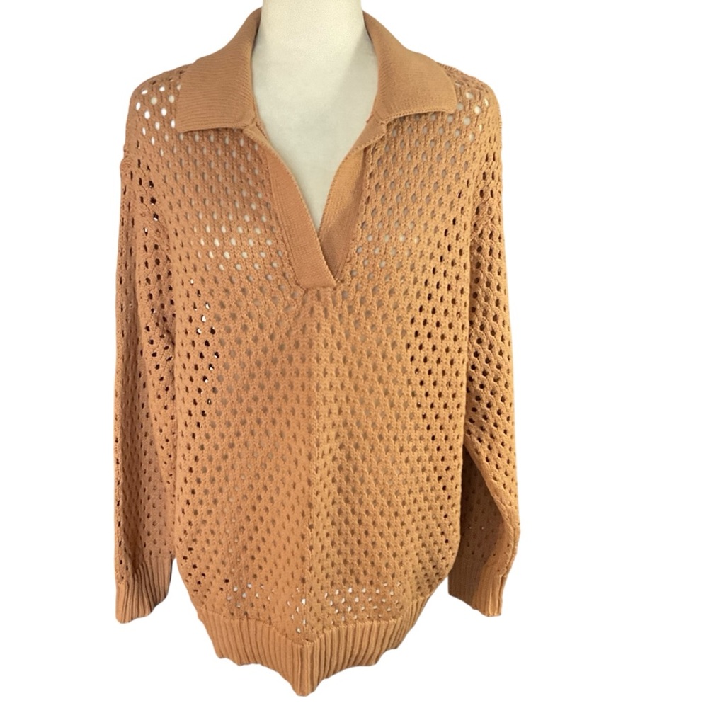 Aerie Camel Open-Knit Polo Collared Sweater Size M V-Neck 100% Cotton